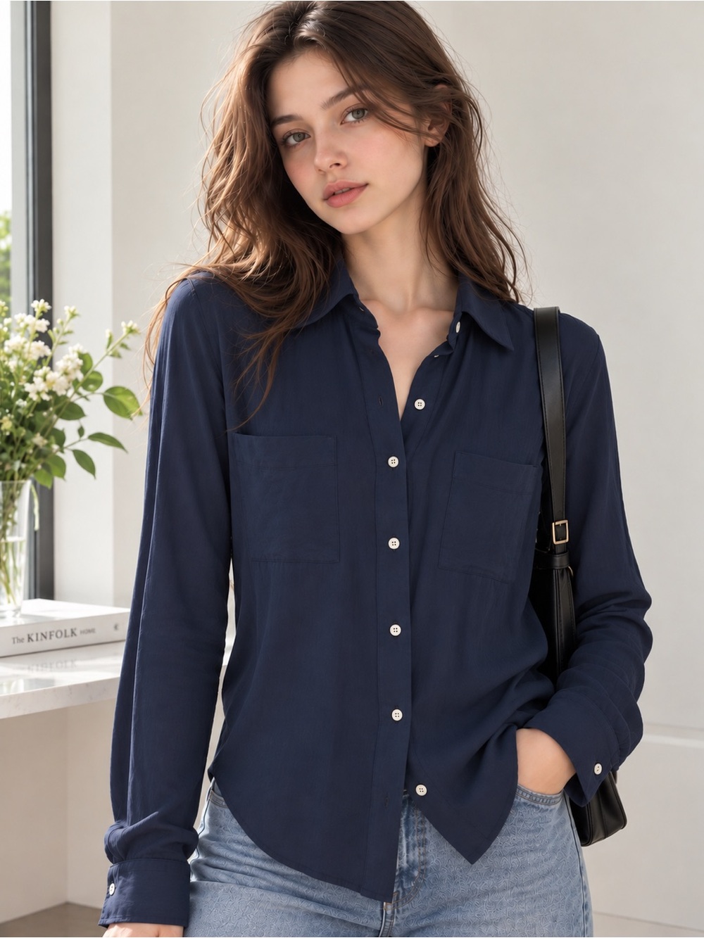 Stradivarius Women’s Navy Blue Relaxed Button-Down Shirt